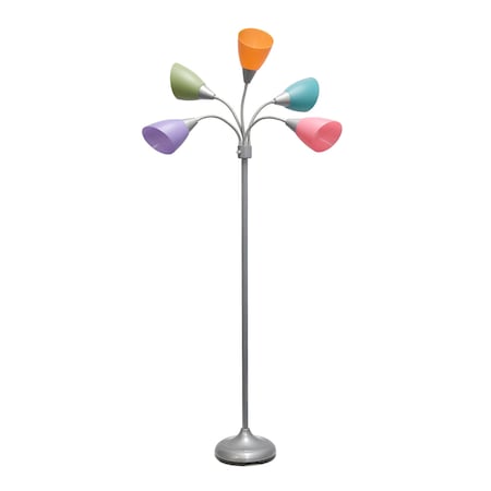 Simple Designs 5 Light Adjustable Gooseneck Silver Floor Lamp with Fun Multicolored Shades LF2006-SLM